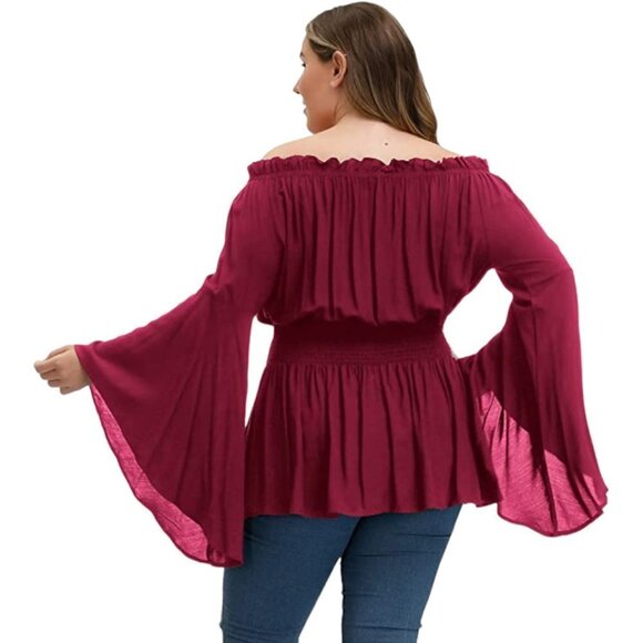 Hanna Nikole Women's Plus Size Blouse Off Shoulder Trumpet Sleeve Peasant Top - Picture 1 of 4